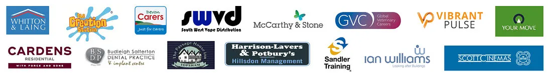 Commercial clients including Whitton and Laing, McCarthy and Stone, Devon Carers, Cardens Residential, Scott Cinemas and more
